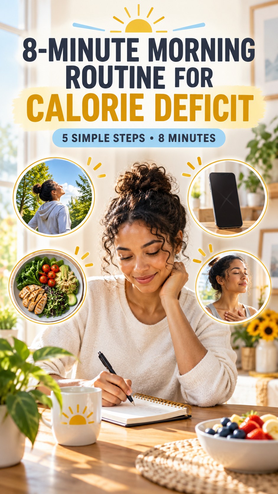 Morning routine infographic for Calorie Deficit showing review today’s plan and five practical steps.