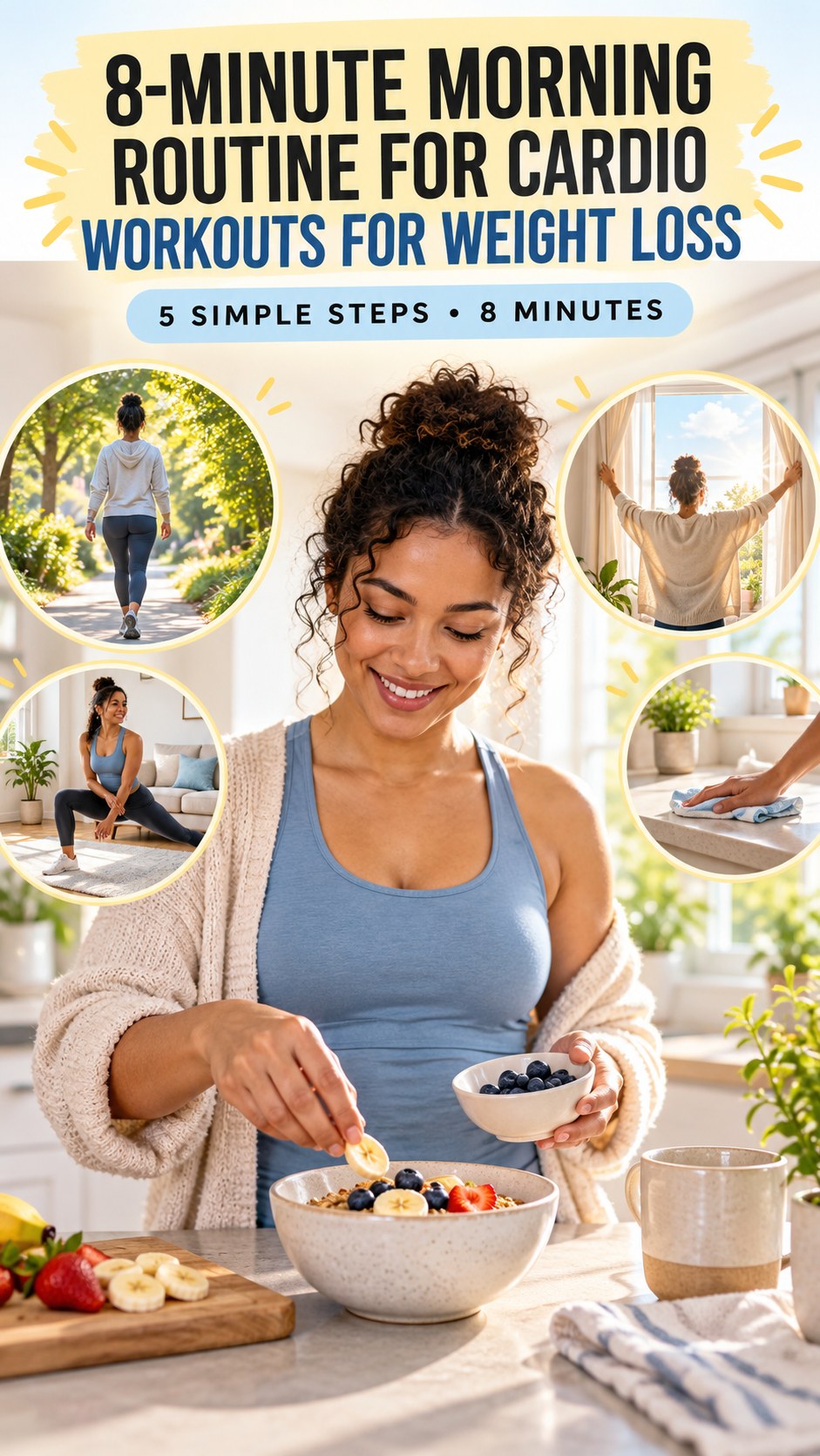 Morning routine infographic for Cardio Workouts for Weight Loss showing prepare an easy breakfast option and five practical steps.
