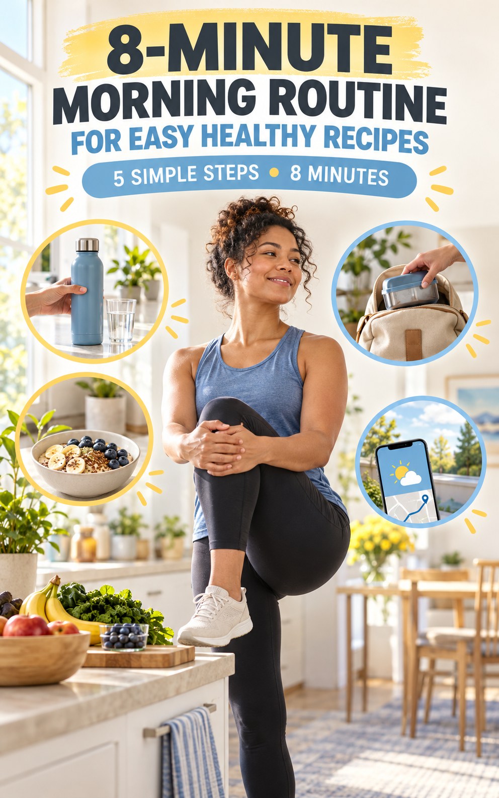 Morning routine infographic for Easy Healthy Recipes showing do a two-minute mobility check and five practical steps.