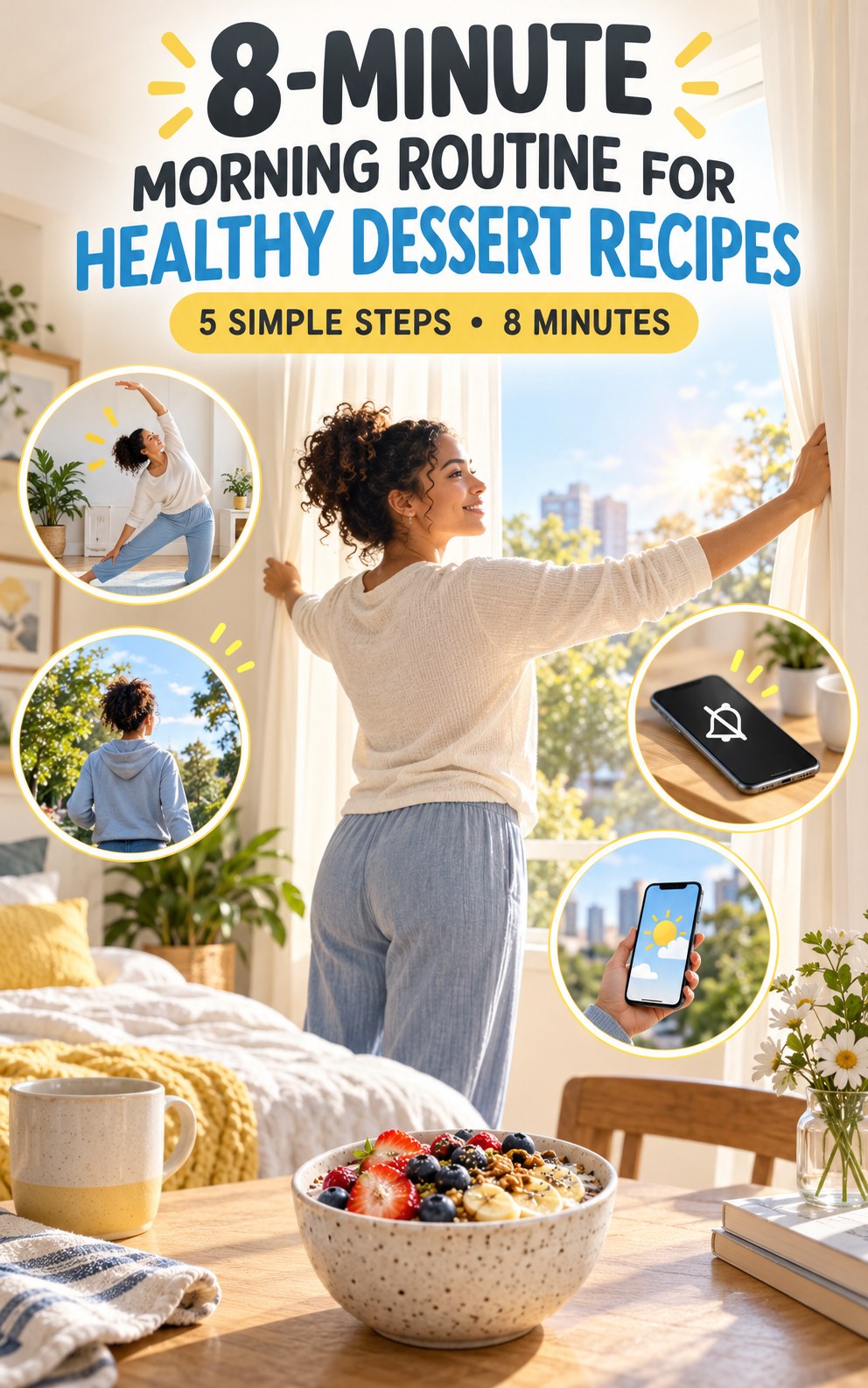 Morning routine infographic for Healthy Dessert Recipes showing open the curtains and five practical steps.