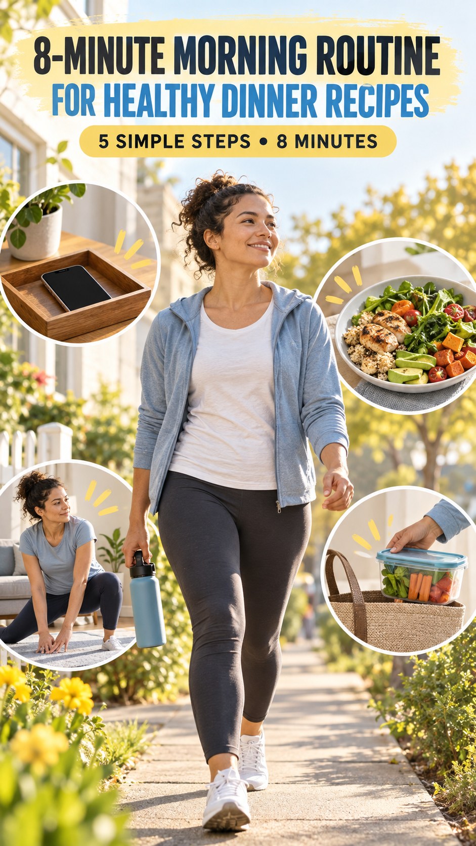 Morning routine infographic for Healthy Dinner Recipes showing start with a short walk and five practical steps.