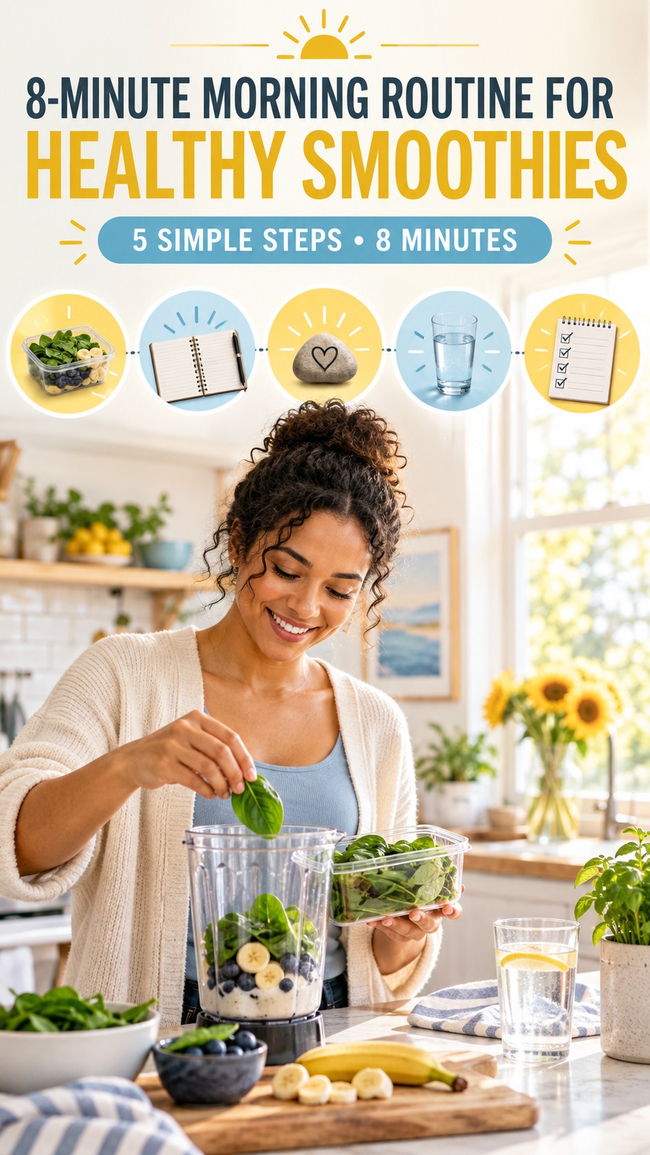 Morning routine infographic for Healthy Smoothies showing pack one helpful item and five practical steps.