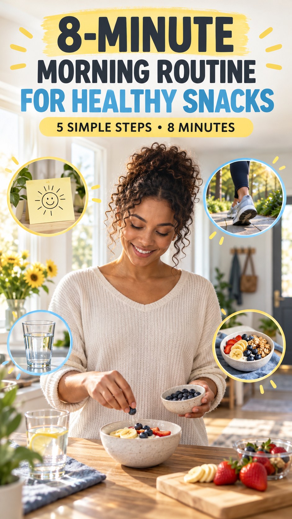 Morning routine infographic for Healthy Snacks showing create a meal cue and five practical steps.