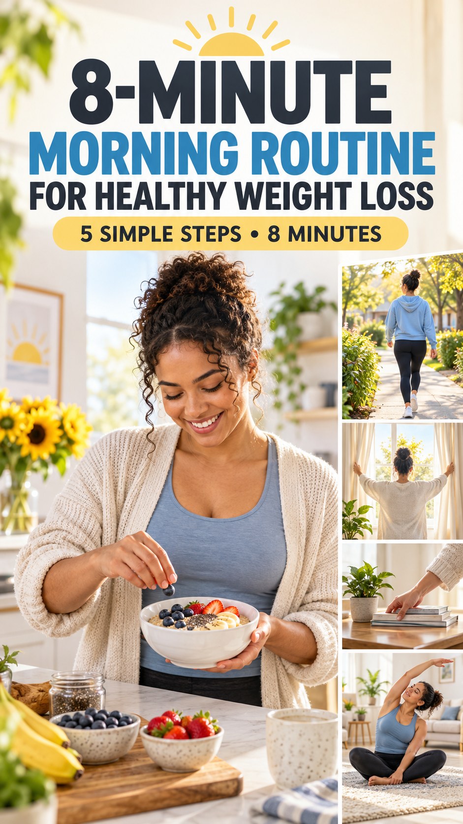 Morning routine infographic for Healthy Weight Loss showing prepare an easy breakfast option and five practical steps.