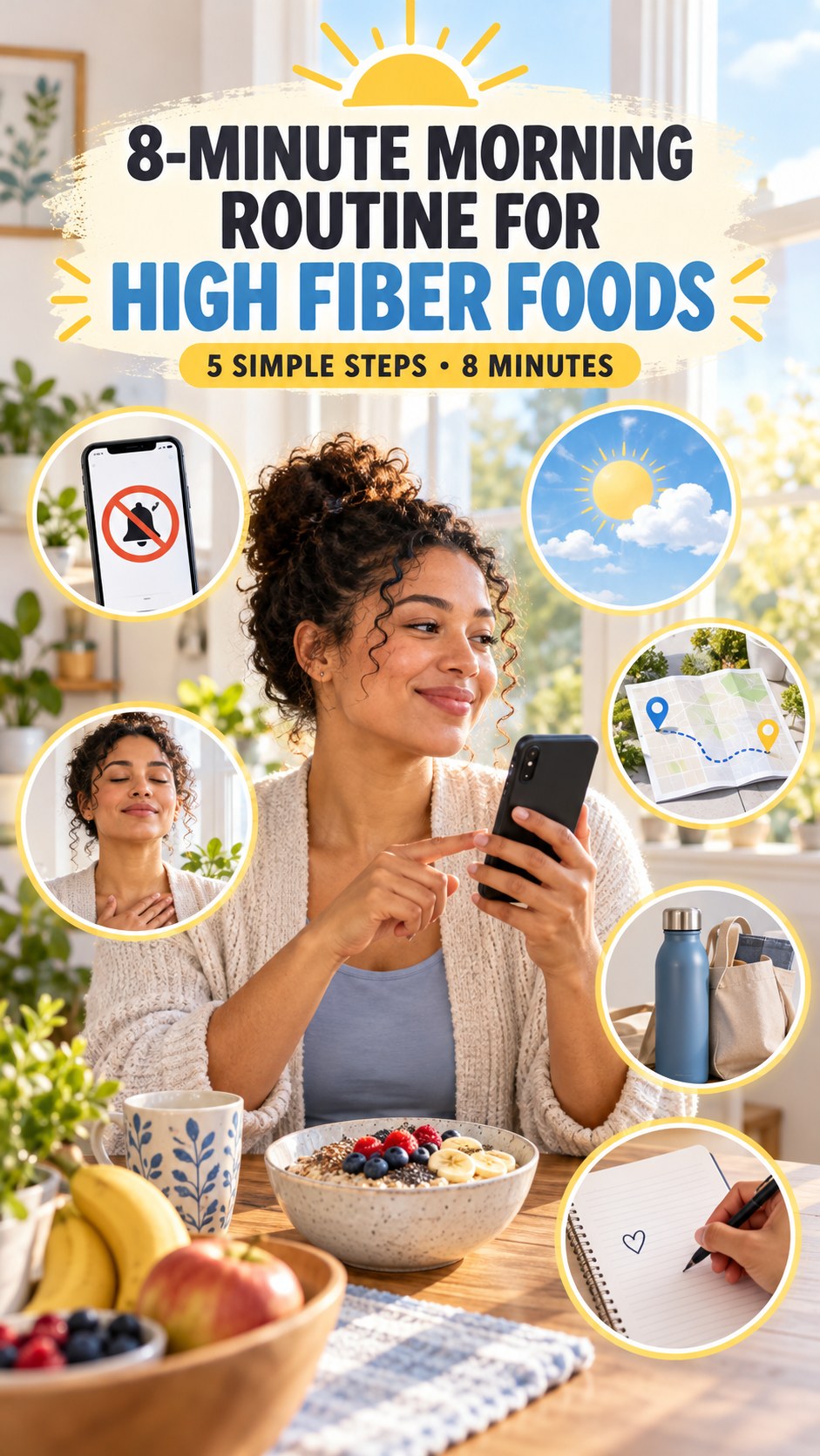 Morning routine infographic for High Fiber Foods showing set a screen boundary and five practical steps.