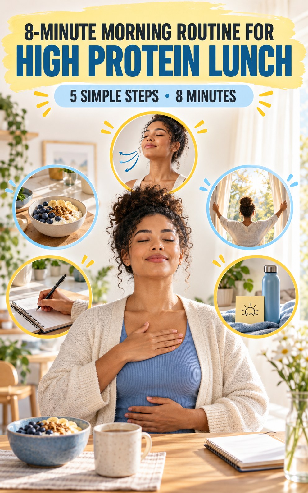 Morning routine infographic for High Protein Lunch showing take three slow breaths and five practical steps.
