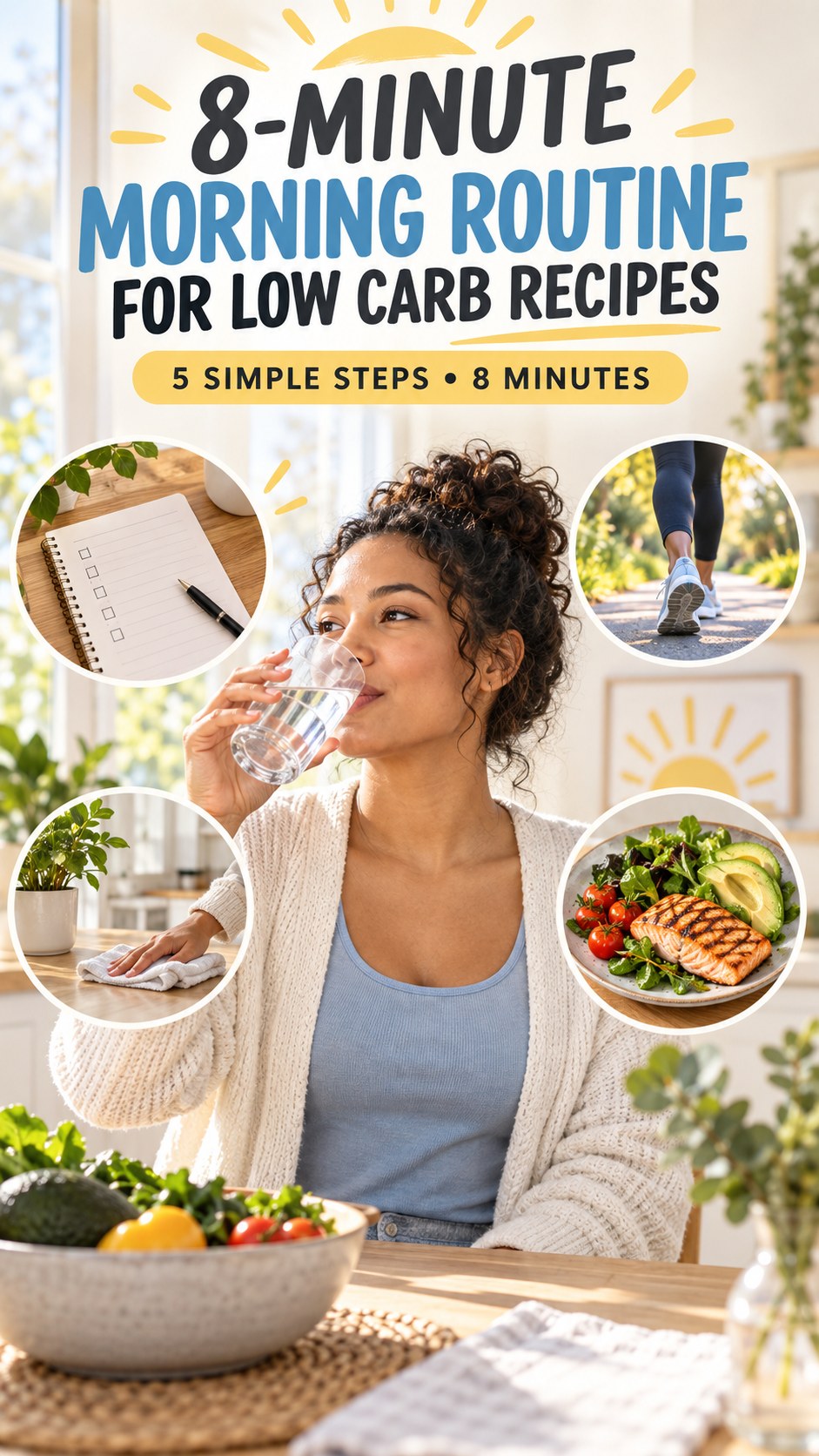 Morning routine infographic for Low Carb Recipes showing drink water and five practical steps.