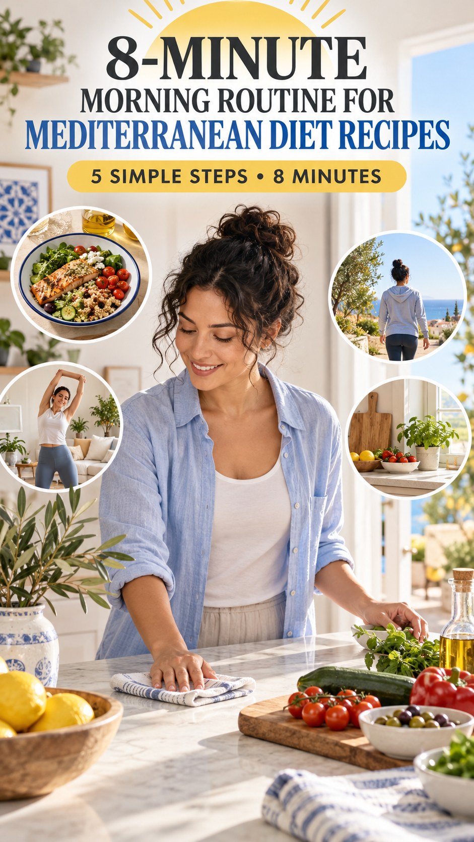 Morning routine infographic for Mediterranean Diet Recipes showing tidy one small surface and five practical steps.