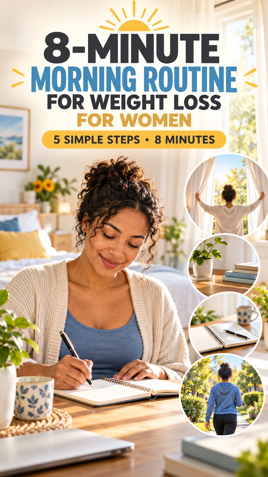Morning routine infographic for Weight Loss for Women showing write a simple check-in and five practical steps.
