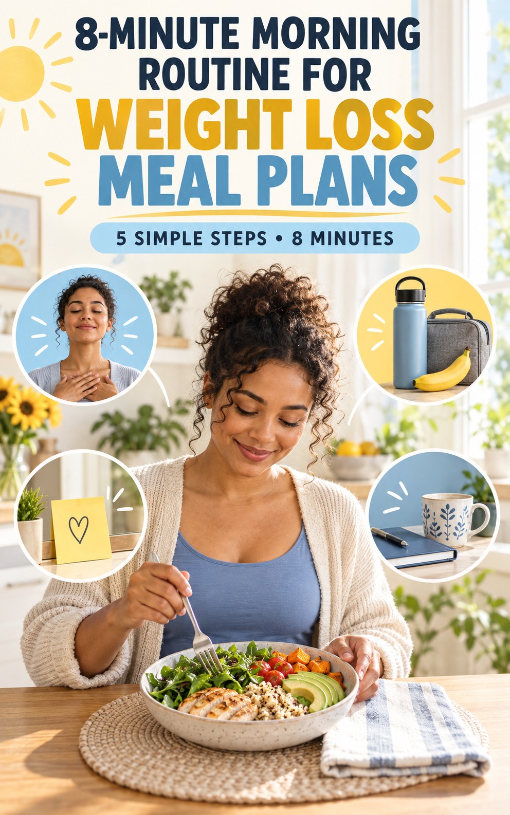 Morning routine infographic for Weight Loss Meal Plans showing build a balanced plate plan and five practical steps.
