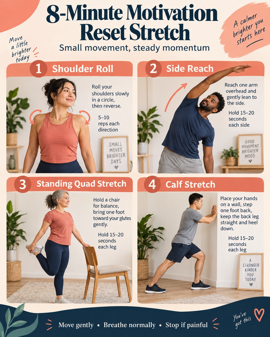 Beginner demonstrating an 8-minute motivation reset stretch with shoulder roll, side reach, supported quad stretch, and calf stretch