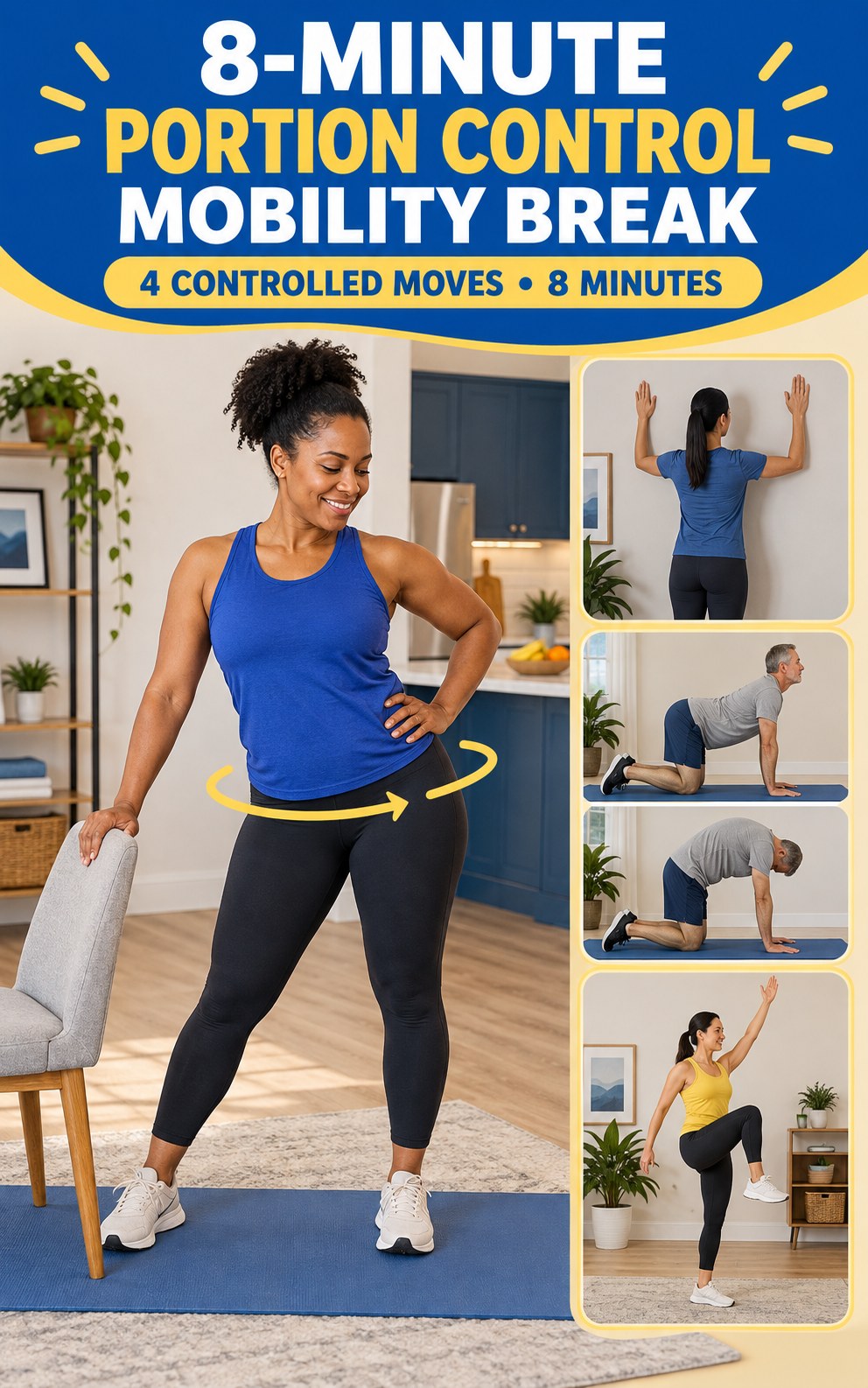 Adult demonstrating supported hip circles in a 8-minute portion control mobility break infographic.