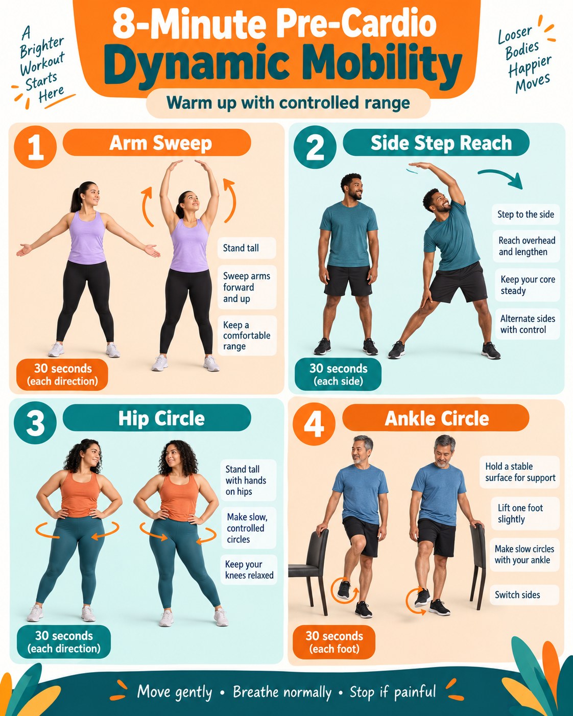 8-Minute Pre-Cardio Dynamic Mobility infographic demonstrating arm sweeps, side-step reach, hip circles, ankle circles