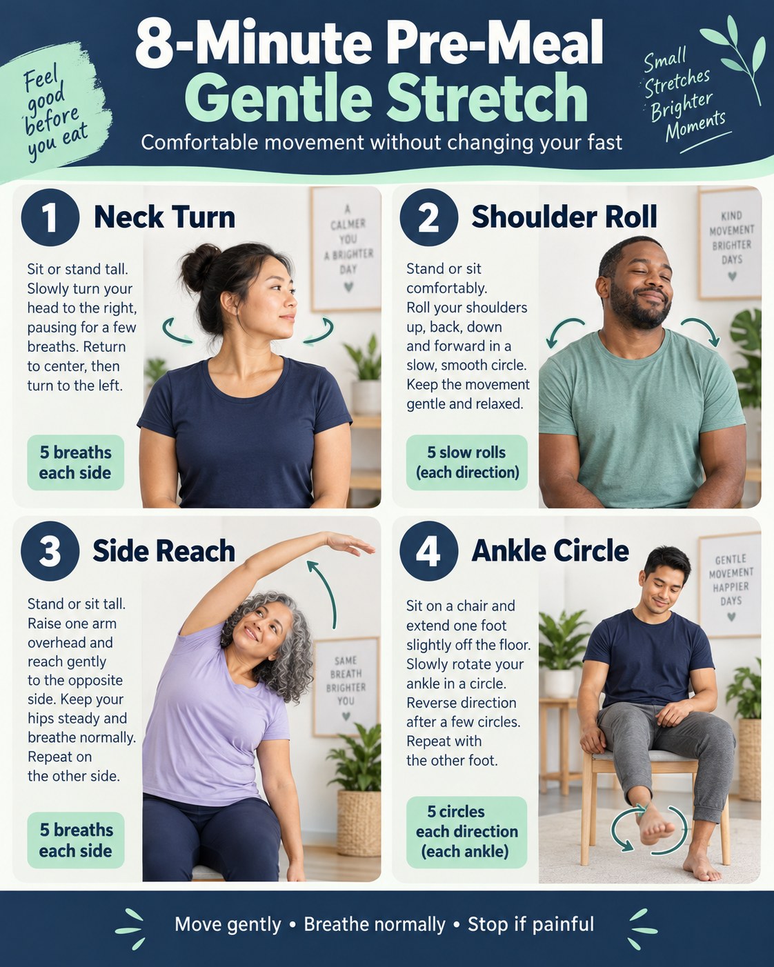 8-Minute Pre-Meal Gentle Stretch infographic demonstrating neck turn, shoulder rolls, side reach, and ankle circles