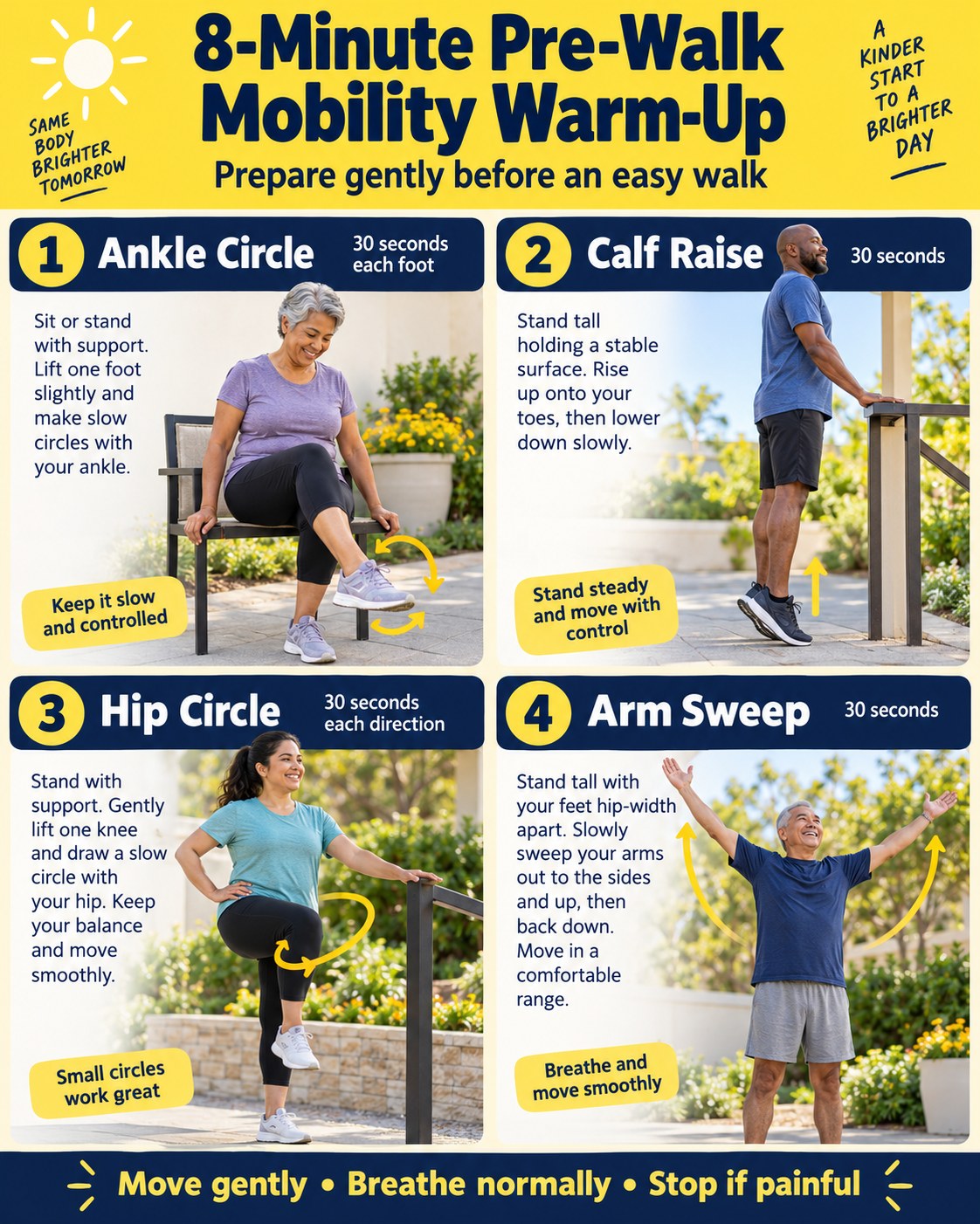 8-Minute Pre-Walk Mobility Warm-Up infographic demonstrating ankle circles, calf raises, hip circles, arm sweeps