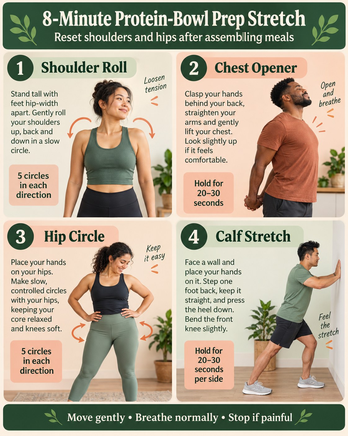 8-Minute Protein-Bowl Prep Stretch infographic demonstrating shoulder rolls, chest opener, hip circles, calf stretch