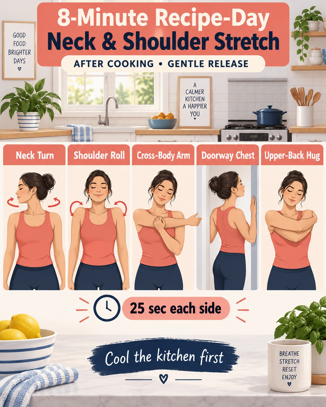 8-minute recipe-day neck and shoulder stretch infographic with five movements