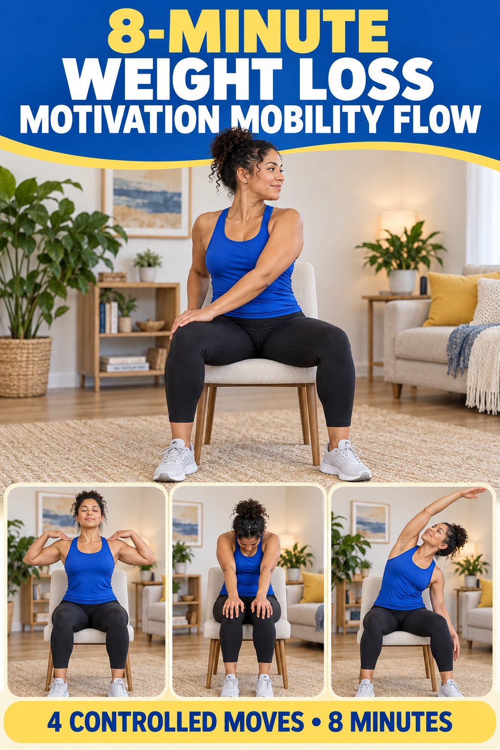 Adult demonstrating seated hip rotations in a 8-minute weight loss motivation mobility flow infographic.