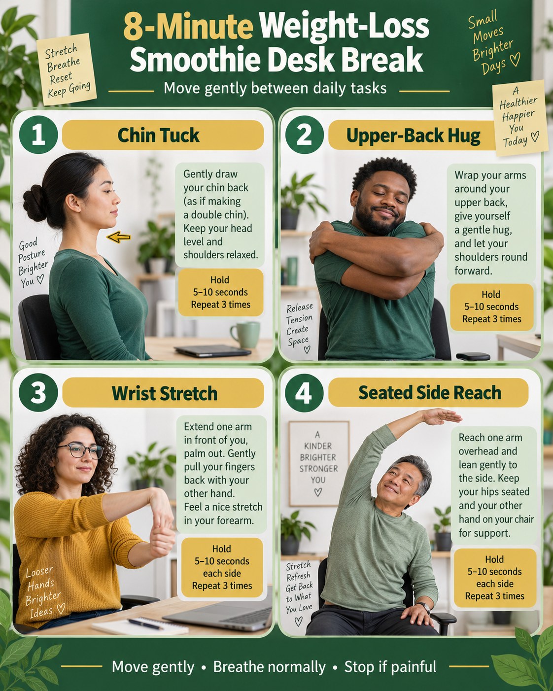 8-Minute Weight-Loss Smoothie Desk Break infographic demonstrating chin tuck, upper-back hug, wrist stretch, seated side reach