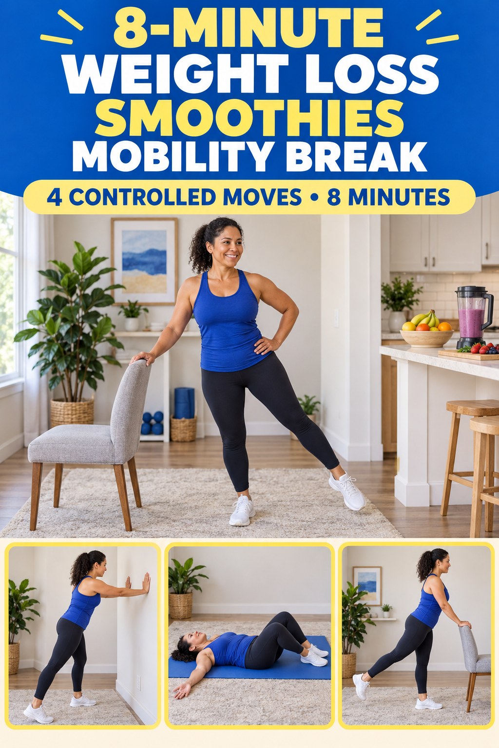 Adult demonstrating supported lateral weight shifts in a 8-minute weight loss smoothies mobility break infographic.