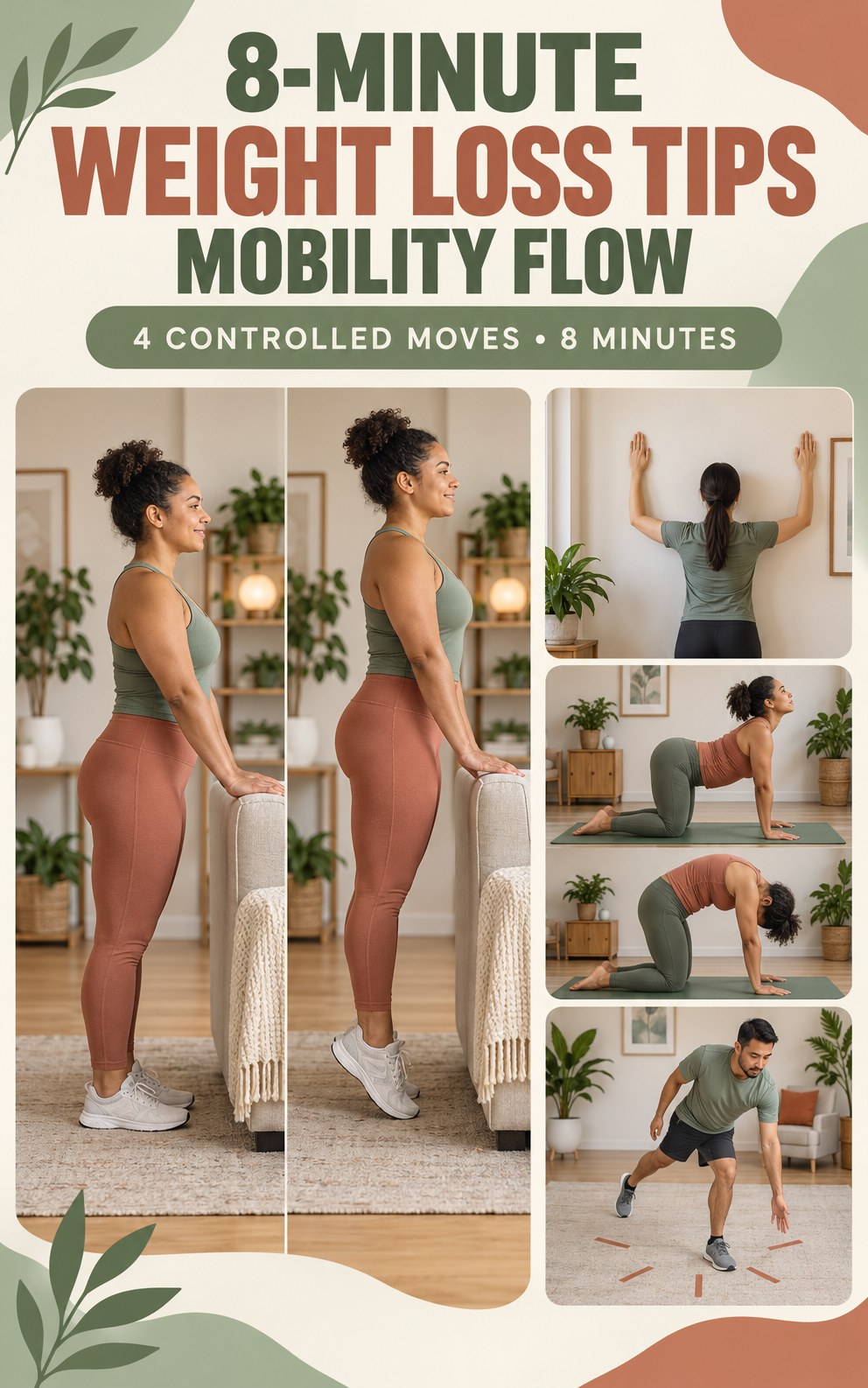 Adult demonstrating toe raises and calf raises in a 8-minute weight loss tips mobility flow infographic.