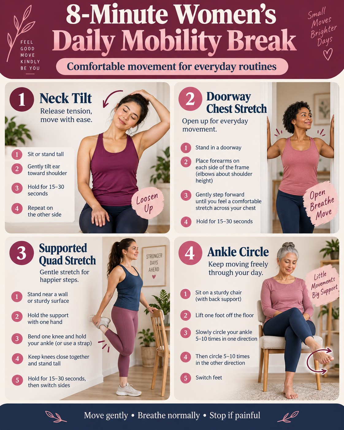 Women demonstrating neck tilt, doorway chest stretch, supported quad stretch, and ankle circles in an 8-minute mobility break