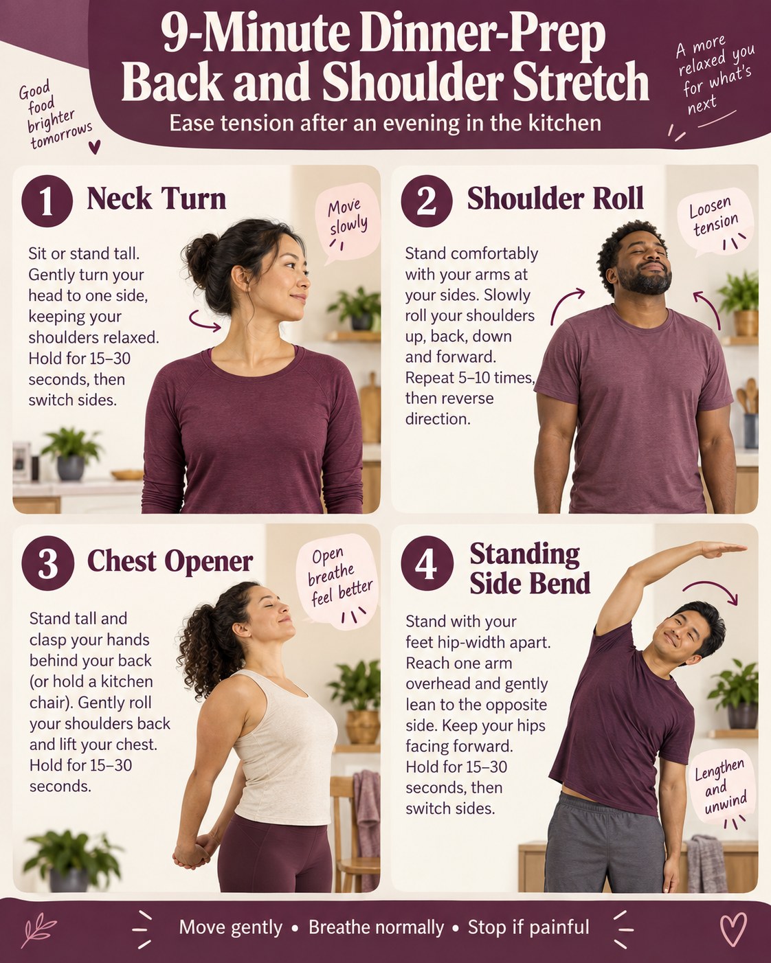9-Minute Dinner-Prep Back and Shoulder Stretch infographic demonstrating neck turn, shoulder rolls, chest opener, and standing side bend