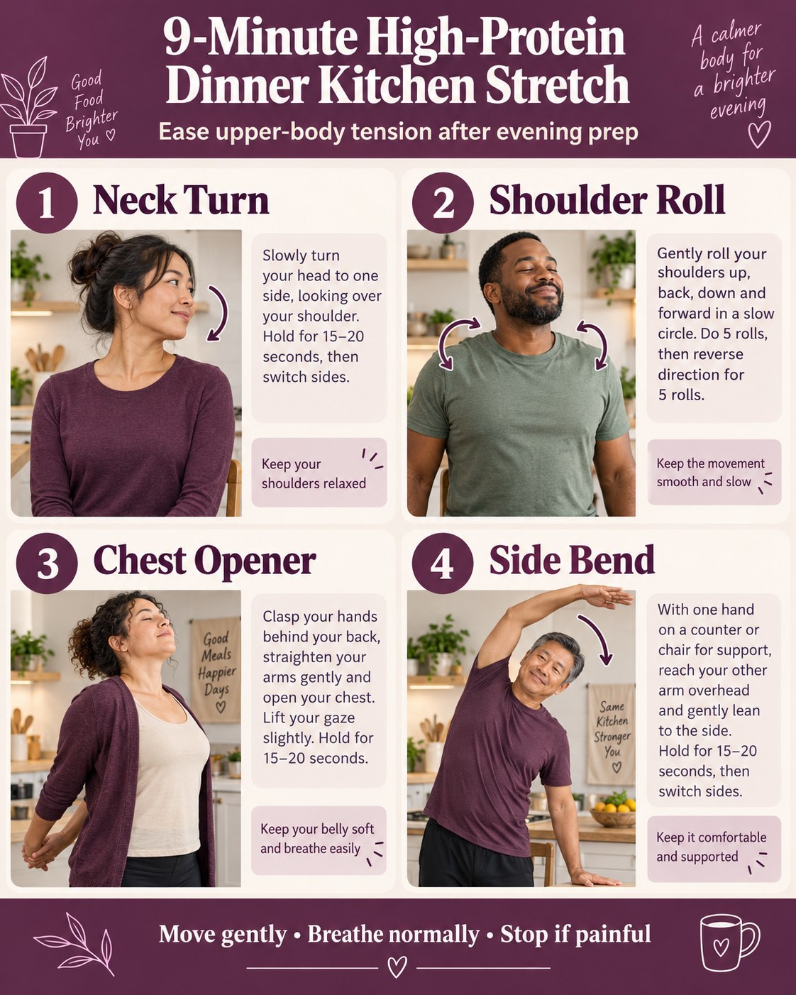 9-Minute High-Protein Dinner Kitchen Stretch infographic demonstrating neck turn, shoulder rolls, chest opener, side bend