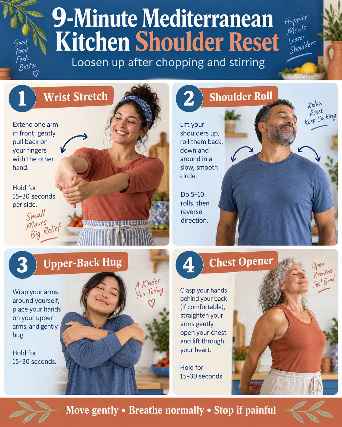 9-Minute Mediterranean Kitchen Shoulder Reset infographic demonstrating wrist stretch, shoulder rolls, upper-back hug, chest opener