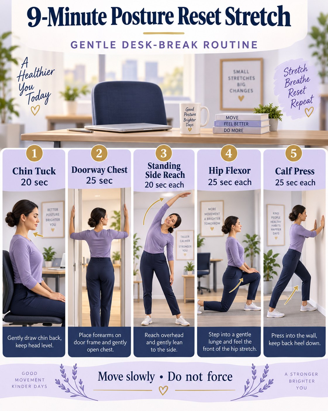 9-minute posture reset stretch infographic with five gentle desk-break movements
