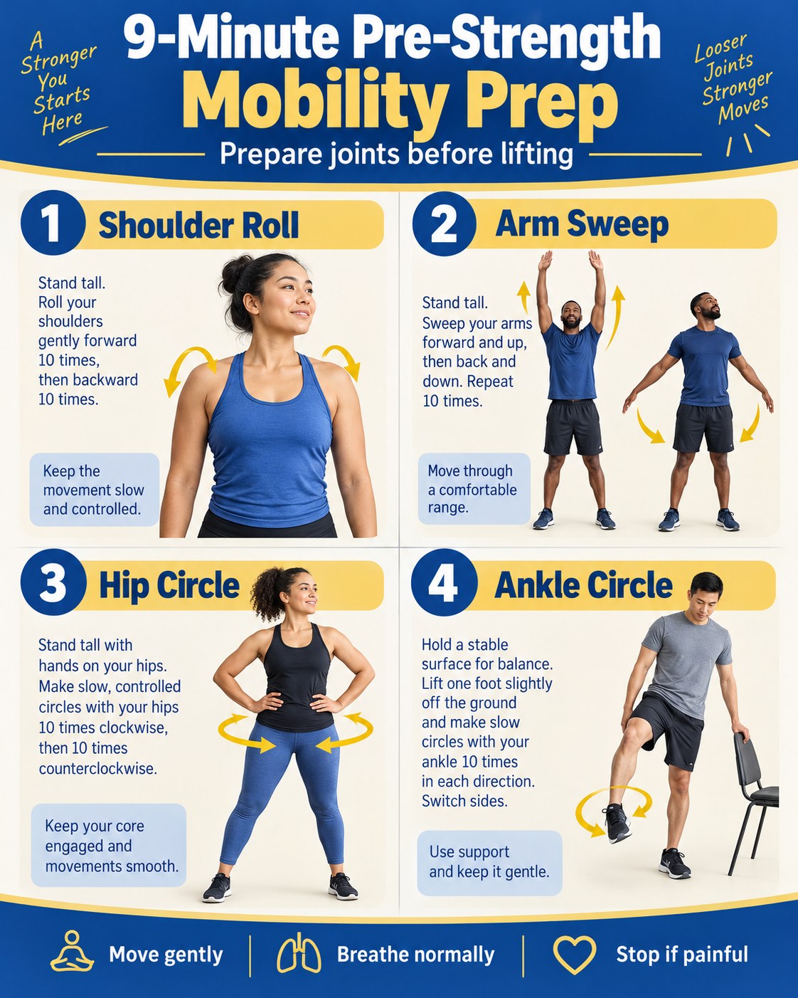 9-Minute Pre-Strength Mobility Prep infographic demonstrating shoulder rolls, arm sweeps, hip circles, ankle circles
