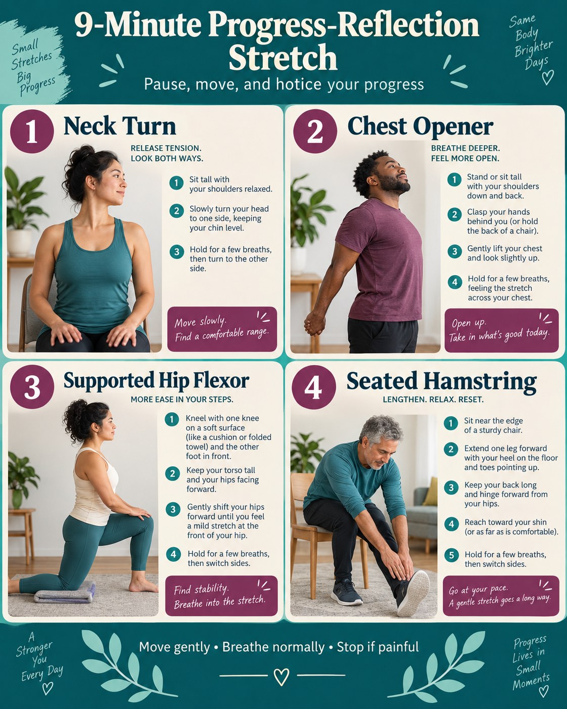 Four-panel progress reflection stretch with neck turn, chest opener, supported hip flexor, and seated hamstring stretch
