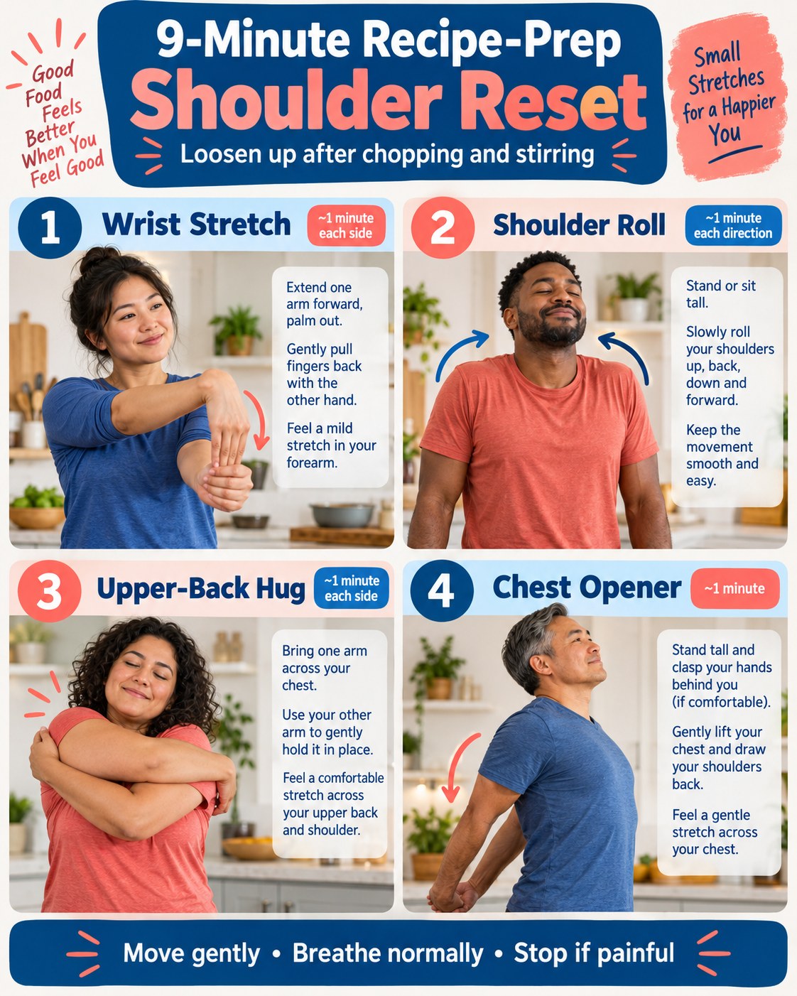 9-Minute Recipe-Prep Shoulder Reset infographic demonstrating wrist stretch, shoulder rolls, upper-back hug, and chest opener