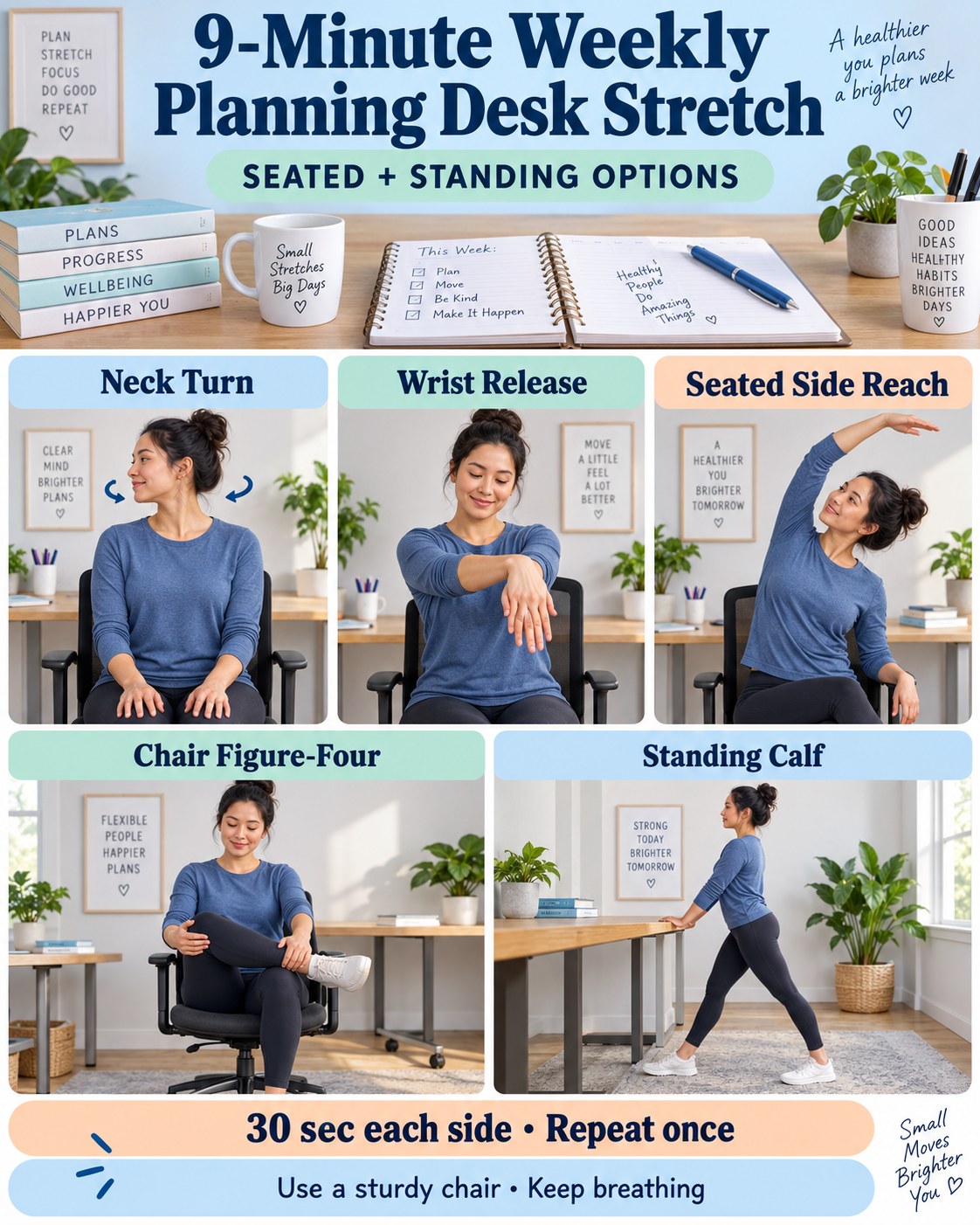 9-minute weekly planning desk stretch infographic with seated and standing options
