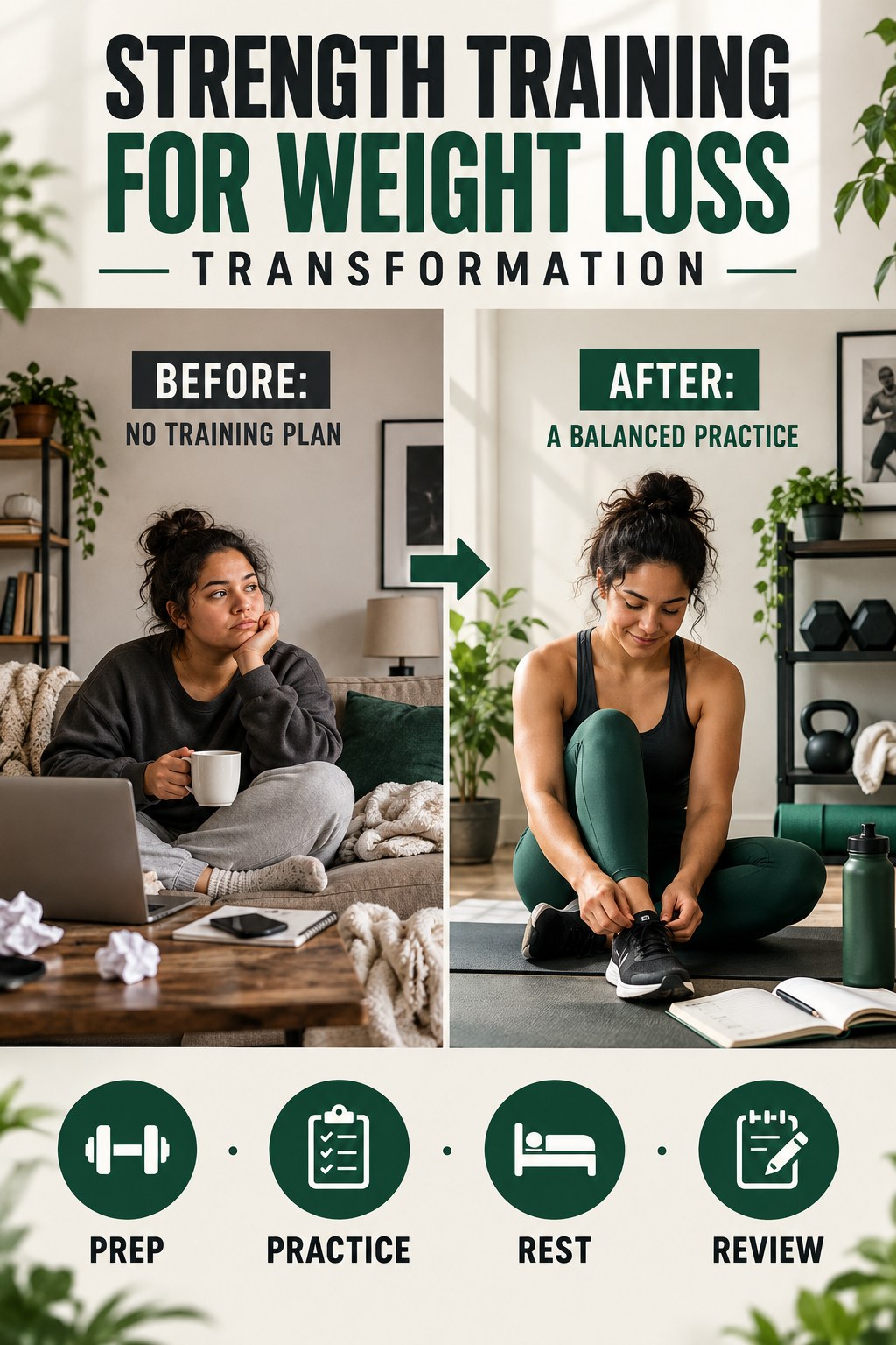 Strength Training for Weight Loss habit transformation graphic comparing no training plan with a balanced practice using four practical steps.