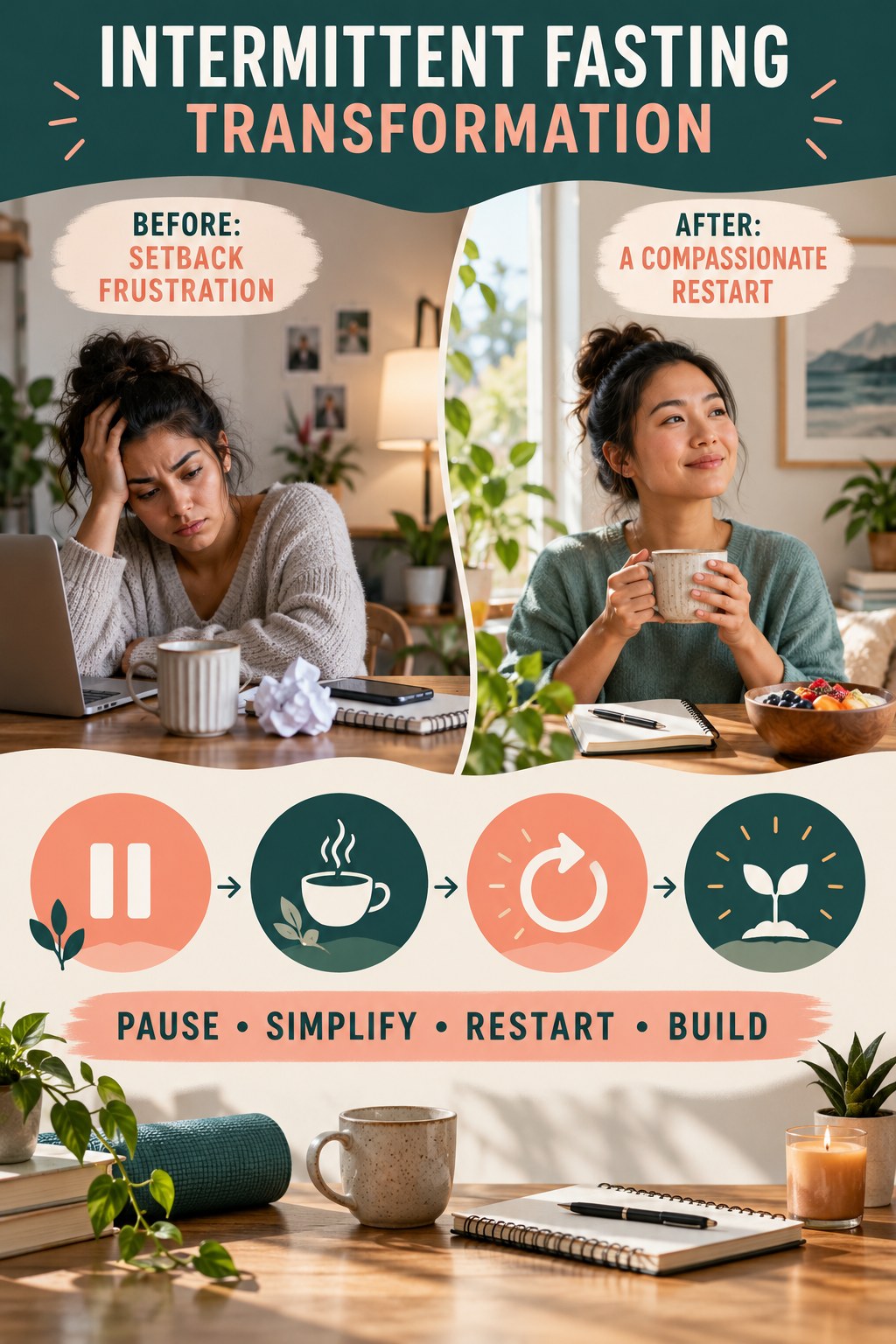 Intermittent Fasting habit transformation graphic comparing setback frustration with a compassionate restart using four practical steps.