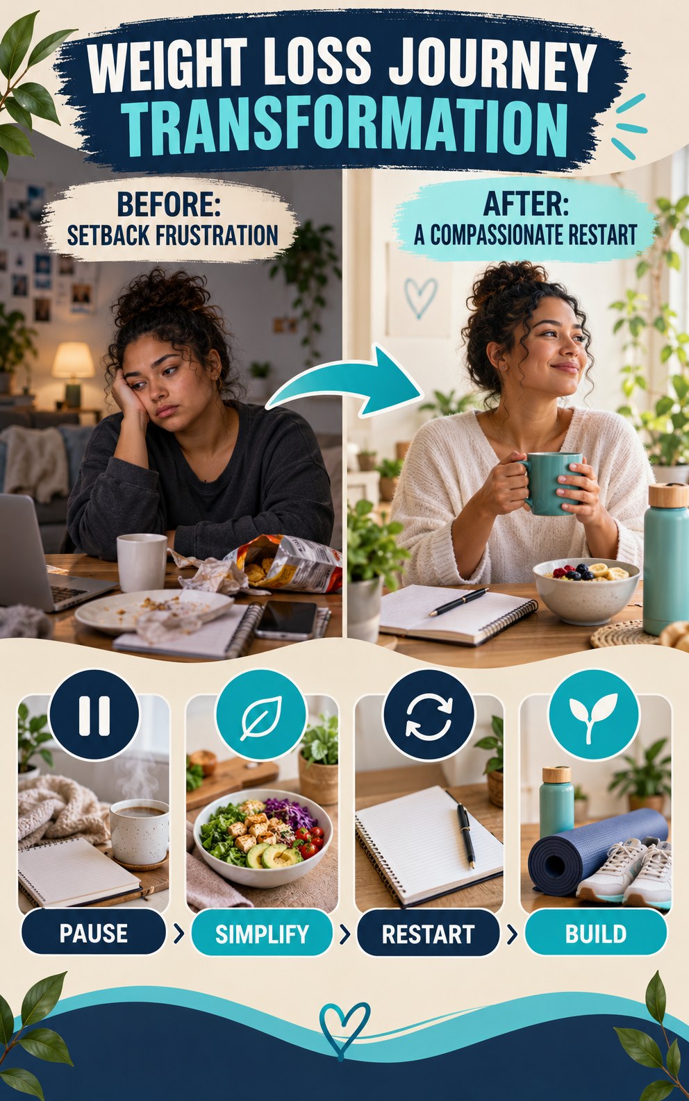 Weight Loss Journey habit transformation graphic comparing setback frustration with a compassionate restart using four practical steps.