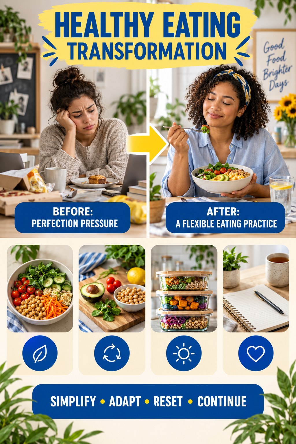 Healthy Eating habit transformation graphic comparing perfection pressure with a flexible eating practice using four practical steps.