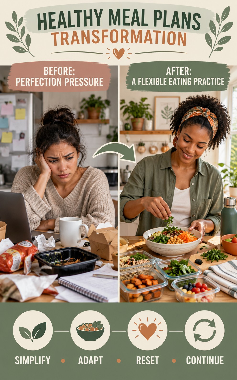 Healthy Meal Plans habit transformation graphic comparing perfection pressure with a flexible eating practice using four practical steps.