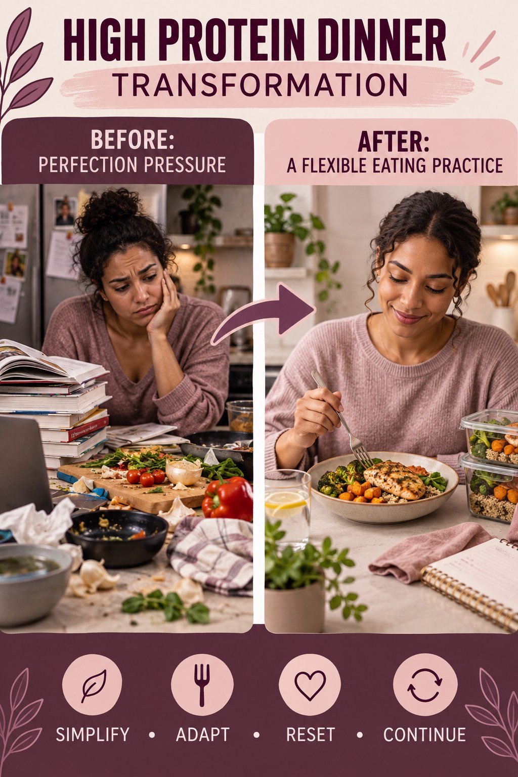 High Protein Dinner habit transformation graphic comparing perfection pressure with a flexible eating practice using four practical steps.