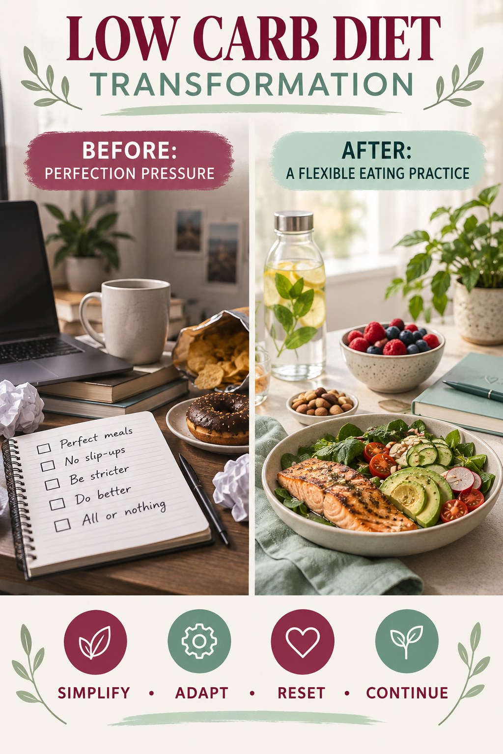 Low Carb Diet habit transformation graphic comparing perfection pressure with a flexible eating practice using four practical steps.