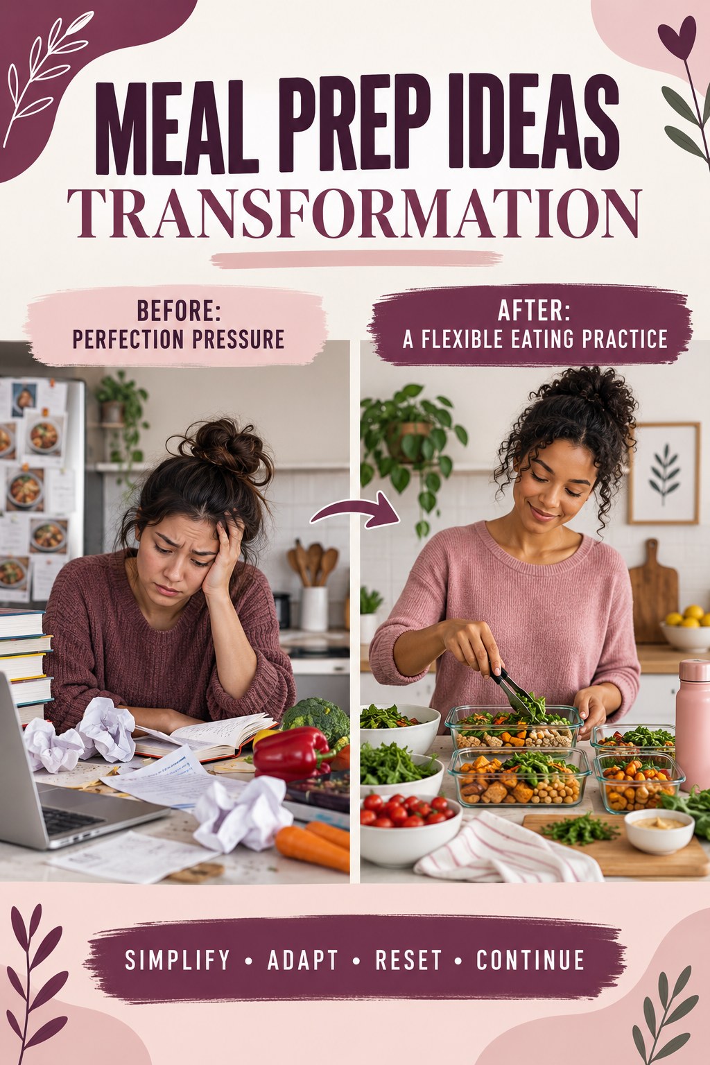Meal Prep Ideas habit transformation graphic comparing perfection pressure with a flexible eating practice using four practical steps.