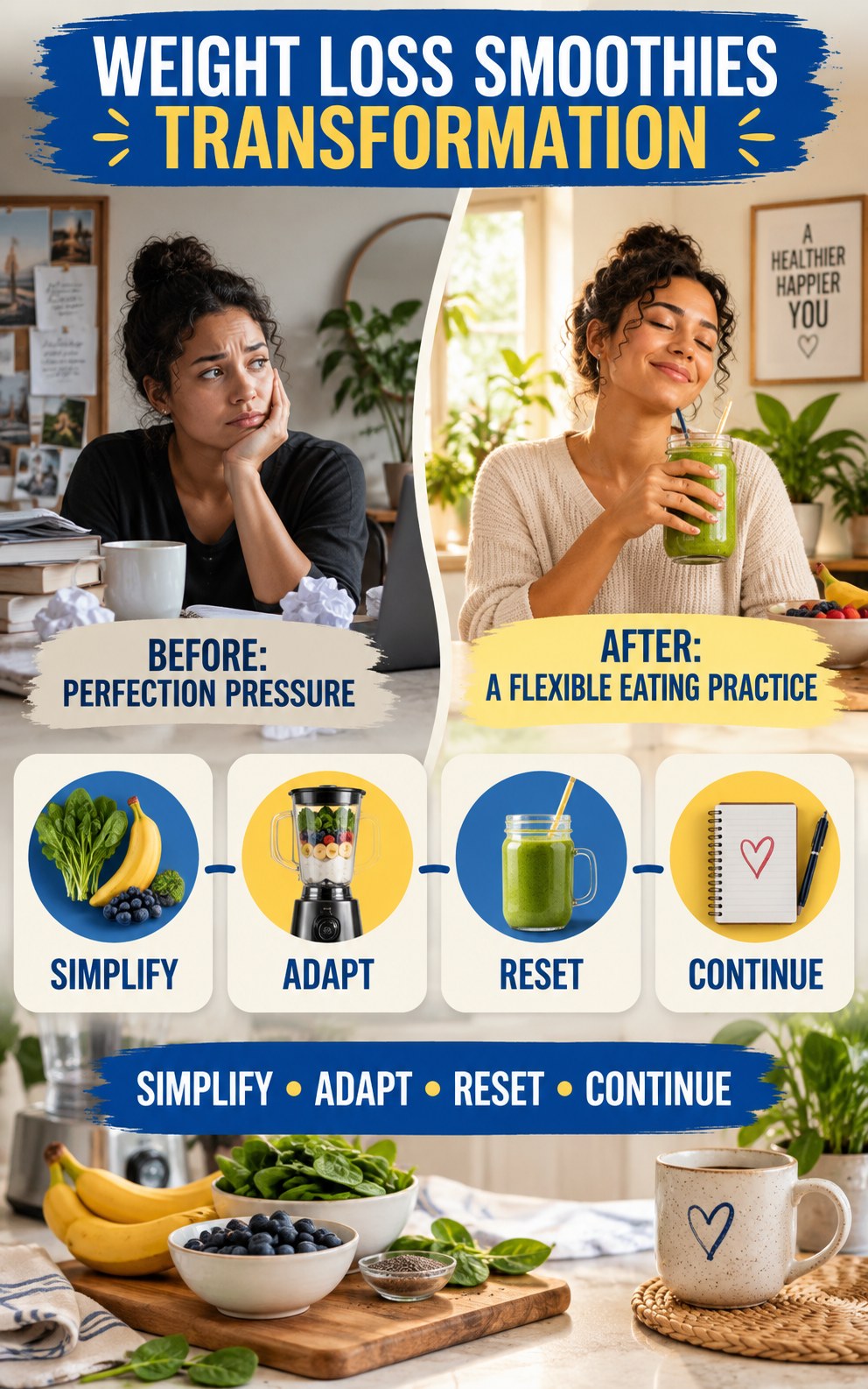 Weight Loss Smoothies habit transformation graphic comparing perfection pressure with a flexible eating practice using four practical steps.