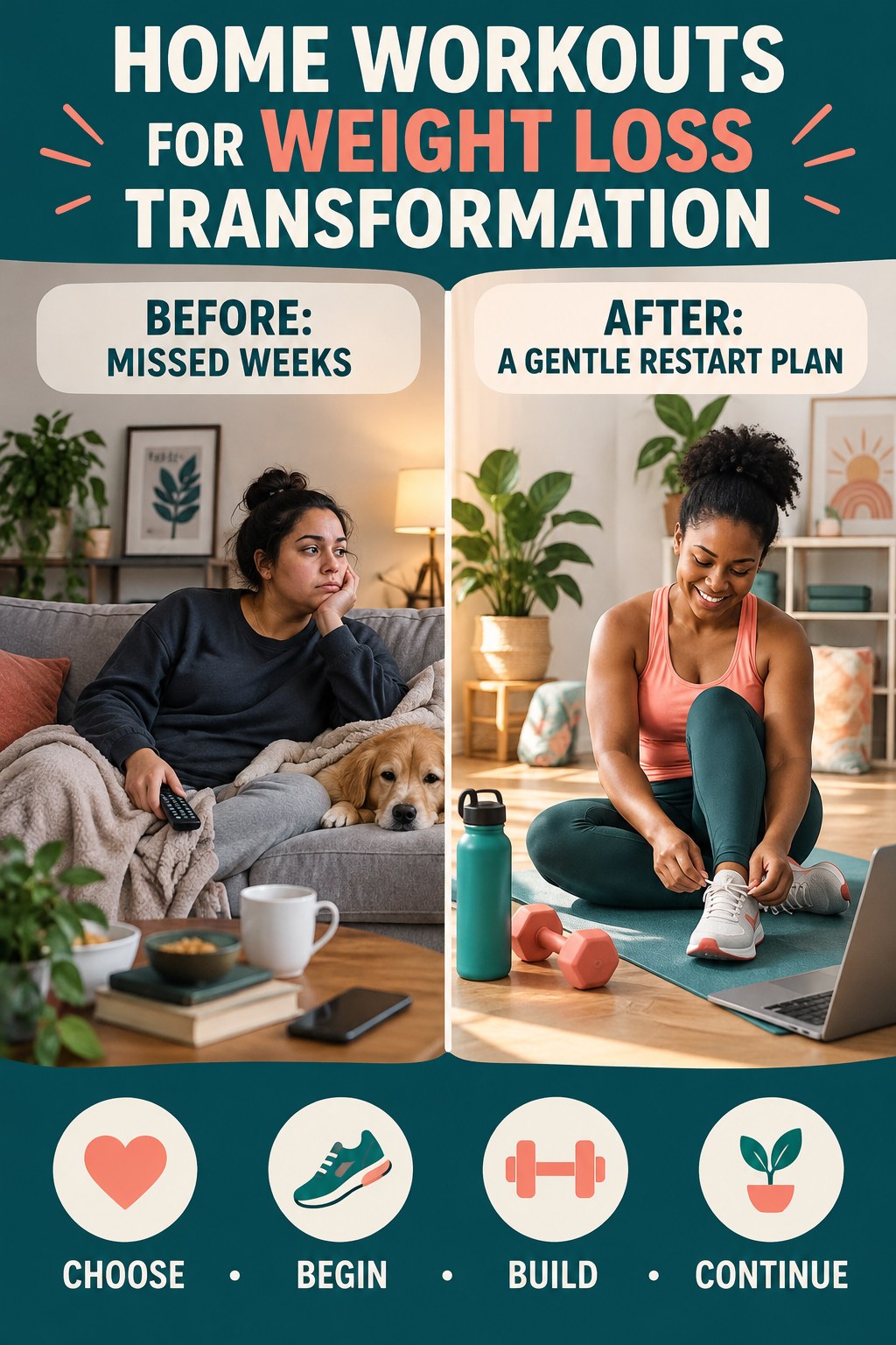 Home Workouts for Weight Loss habit transformation graphic comparing missed weeks with a gentle restart plan using four practical steps.