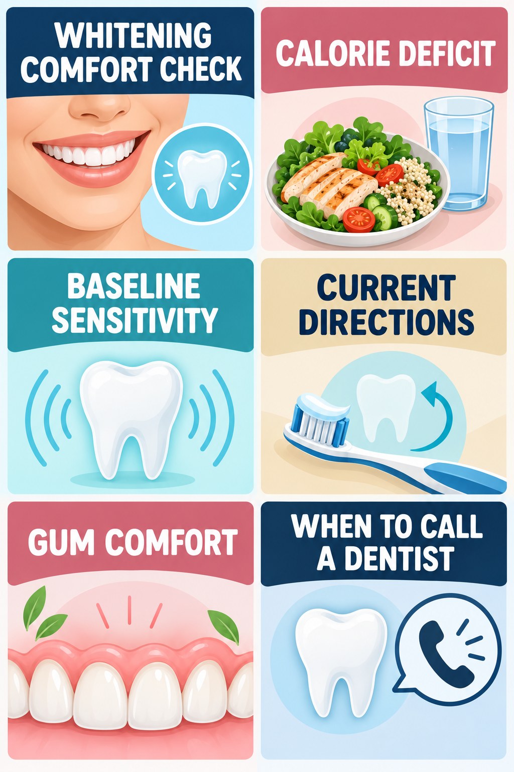 A Gentle Whitening-Sensitivity Checklist infographic for Calorie Deficit with four concise whitening-sensitivity safety points.