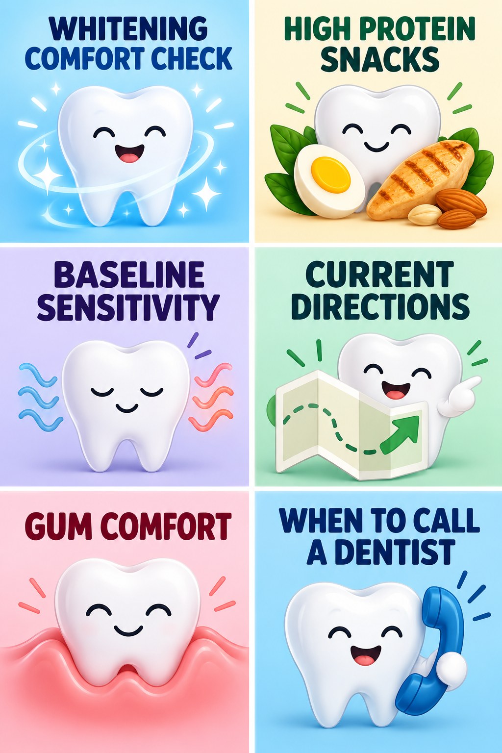 A Gentle Whitening-Sensitivity Checklist infographic for High Protein Snacks with four concise whitening-sensitivity safety points.