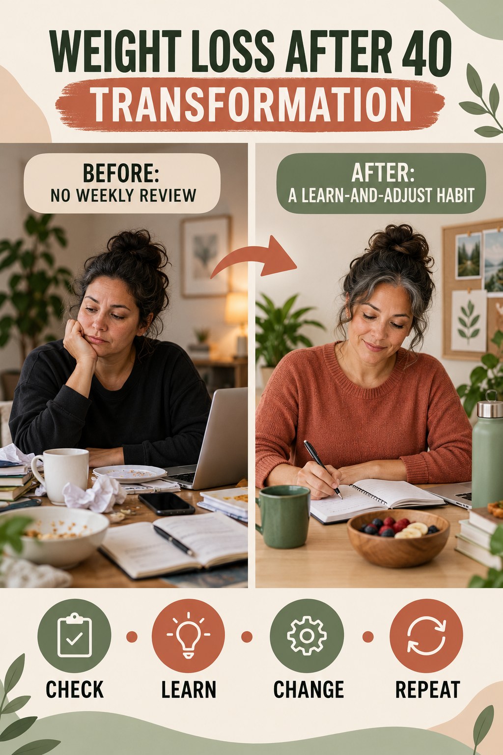 Weight Loss After 40 habit transformation graphic comparing no weekly review with a learn-and-adjust habit using four practical steps.