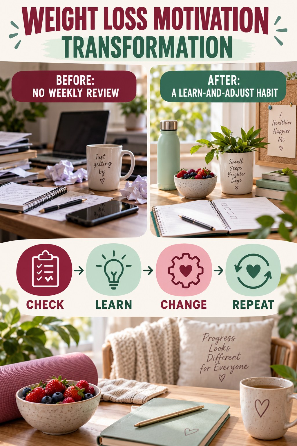 Weight Loss Motivation habit transformation graphic comparing no weekly review with a learn-and-adjust habit using four practical steps.