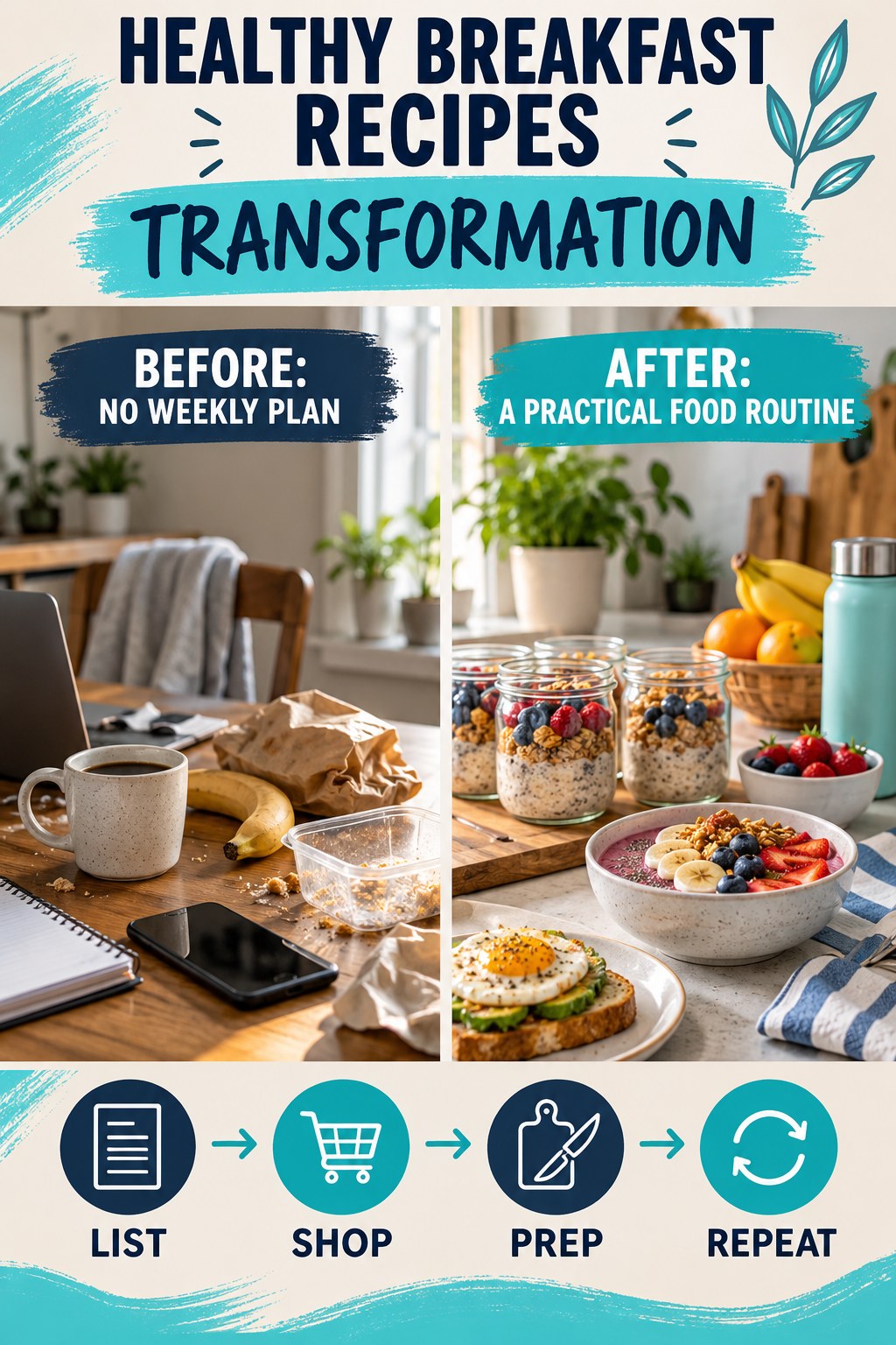 Healthy Breakfast Recipes habit transformation graphic comparing no weekly plan with a practical food routine using four practical steps.