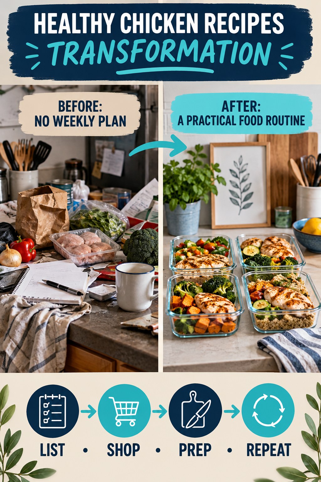 Healthy Chicken Recipes habit transformation graphic comparing no weekly plan with a practical food routine using four practical steps.
